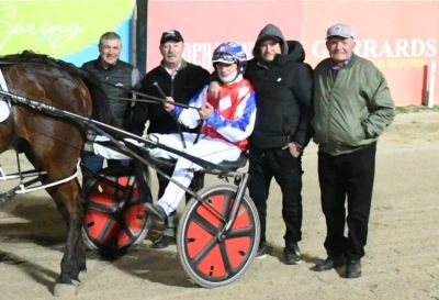 Riley Pace celebrates his milestone win with family and friends at Bendigo – from left Chris Mifsud, Riley’s grandfather George Aquilina, his dad Darren, and grandfather Victor Pace (Claire Weston photograph)